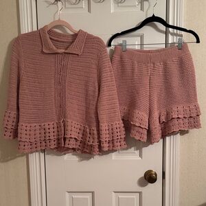 Pink Crochet Ruffle Knit Skirt - Women's Casual